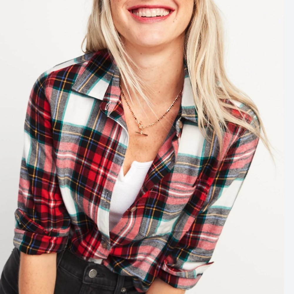 Old Navy Long-Sleeve Plaid Flannel Boyfriend Tunic Shirt for Women (Size Small)